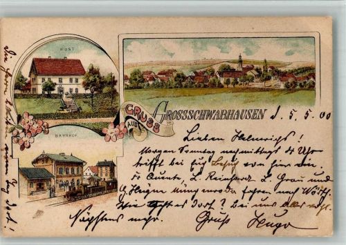 Großschwabhausen 1900 Lithographie Eilboten-Post Bahnhof Post Bahnpost Weimar Zug 410