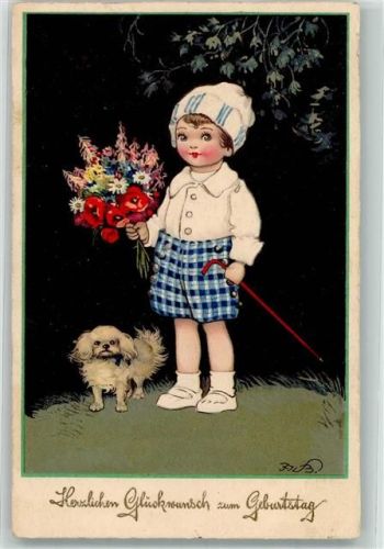 Geburtstag Kind Blumenstrauß Hund Meissner u. Buch Serie 2878