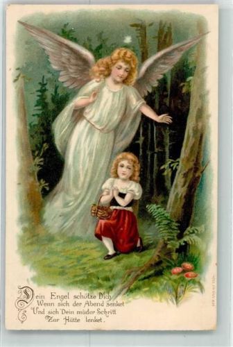 Kind sammelt Beeren im Wald , Vers AK Schutzengel Lithographie / Prägedruck