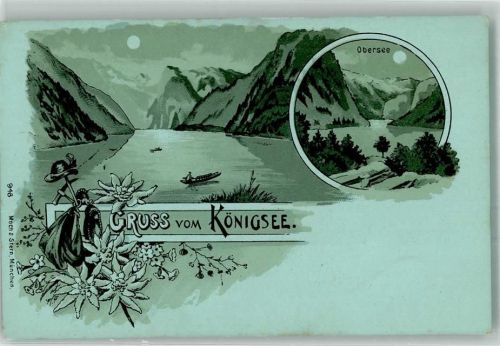 83471 W8240 Königssee b Berchtesgaden Lithographie / Mondschein Obersee Ruderboot Rucksack Edelweiß