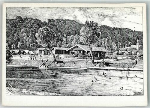 82515 W8190 Wolfratshausen Künstlerkarte Schwimmbad und Zeltplatz sign. R. Wagner