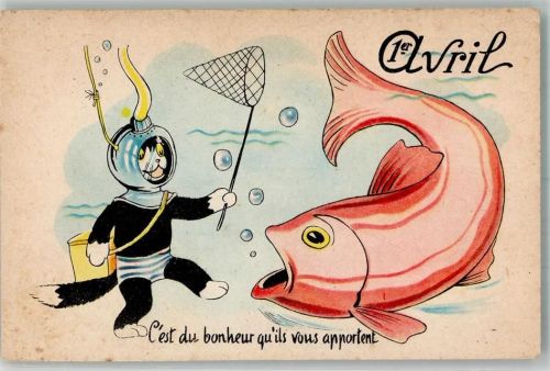 Serie Chats Avril Katze als Taucher vermenschlicht großer Fisch 1. April Künstlerkarte