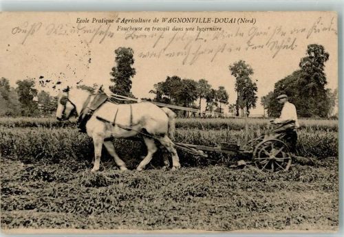 Douai 1915 Ecole Pratique d'Agriculture Faucheuse en travail dans une luzerniere Pferd Pflug Feldpost WK I 4. Bad. Inf. Regt. 9. Komp.