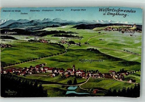 87787 W8941 Wolfertschwenden Gebrauchsspuren sign. Felle, Eugen Vogelschau des Ortes mit Grönenbach und Ittelsburg Künstlerkarte