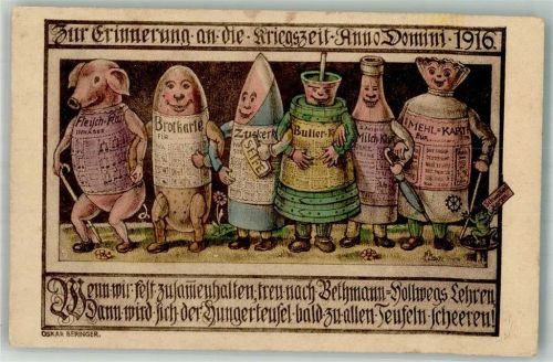 WK I Lebensmittelkarten vermenschlicht Kriegsnot 1916 Künstlerkarte