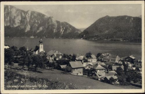 1952 Österreich, Unterach/Attersee, O.-Ö.: Blick auf Unterach und den Attersee, Bergpanorama, Ak Nr. 11520,F. E. Brandt AKU1