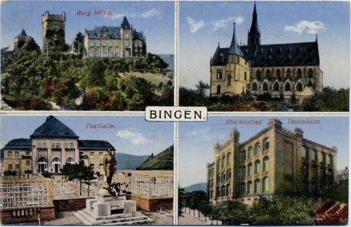 1946 Bingen, 4 Ansichten, -Burg Klopp-, -Festhalle-, -Rheinisches Technikum-, Denkmal, hergestellt um 1910/20