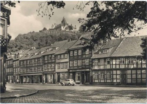 um 1961 Wernigerode, Sachsen-Anhalt, An der Schönen Ecke, Fachwerk, Schloss,Gebr. Garloff KG AKU1