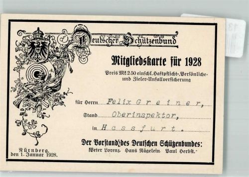 Haßfurt Deutscher Schützenbund Mitgliedskarte 1928 Ort handschriftlich