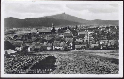 1949 Benneckenstein, Ansicht mit Wurmberg und Brocken, Fachwerk,Löffler & Co.