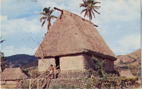 1961 Fidschi, Fidschi Inseln, Chiefs House, Fijian bure, ohne Hammer und Nägel erbautes Haus,Plastichcrome