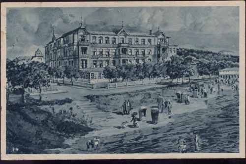 um 1923 Seebad Ahlbeck, Das Ostseeheim, Erholungsheim, Strand, Strandkörbe, Künstler-AK