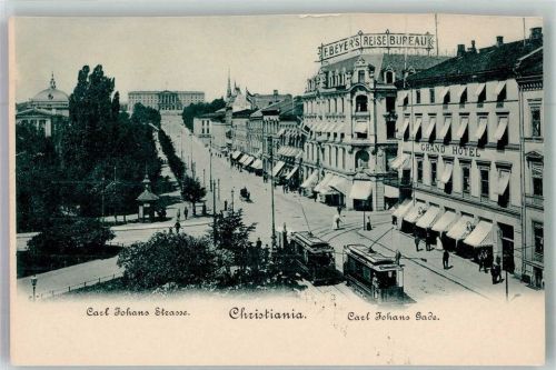 Oslo Kristiania Foto AK Grand Hotel Straßenbahn Carl Johans Straße