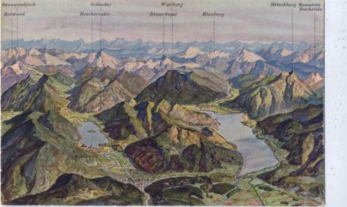 um 1910-20 Schliersee, beschriftetes Bergpanorama