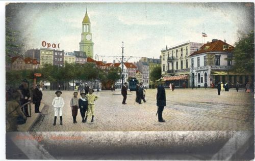 um 1900 Hamburg: Blick auf den Zeughausmarkt, Restaurant & Bier Halle, Opal, J. H. Helmers, Mode