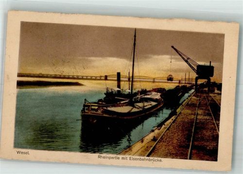 Wesel 1922 Rheinschiff mit Hafenkran und Eisenbahnbrücke
