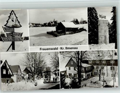 Frauenwald Wegweiser Teilansicht Monument am Bohrstuhl Waldpension Fraubachmühle Mehrfachaufnahme Winteraufnahme