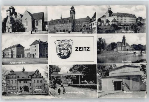 Zeitz Michaeliskirche, Aylsdorfer Straße, Volksbad, Rathaus, Moritzburg, Bahnhof, Theater, Wappen