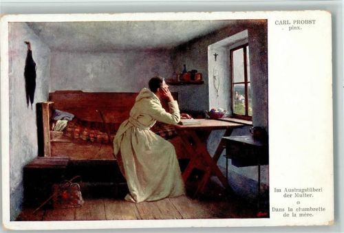 sign Carl Probst - Im Austragungstüberl der Mutter , Regenschirm hängt an der Wand - Galerie Wiener Künstler Nr. 308 AK