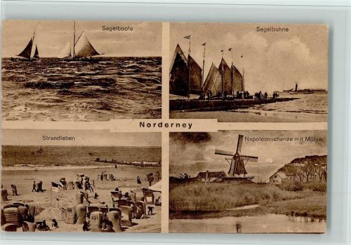 Norderney Segelboote Segelbuhne Strandleben Strandkörbe Napoleonschanze mit Mühle 4-Bildaufnahme
