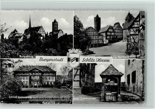 Schlitz Burgenring Am Marktplatz Fachwerkhäuser Schloß Hallenburg Alter Ziehbrunnen Wappen 4-Bildaufnahme