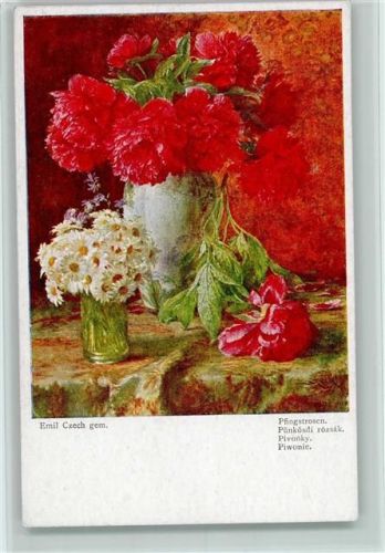 Volkskunst 628 - sign Czech - Blumenvase mit Pfingsrosen