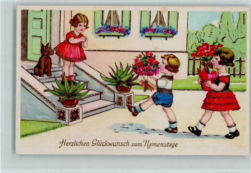 1935 Nr. 12173 - Namenstag, Kindeer als Gratulanten, Golddruck