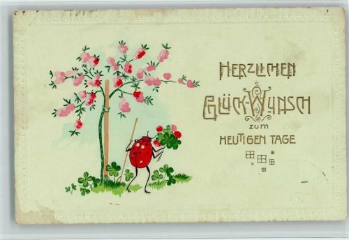 1908 Glückwunsch, Glücksklee, Rosen , gestanzter Rand