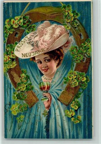 1906 Neujahr - Frauenkopf guckt aus dem Vorhang, Glücksklee AK