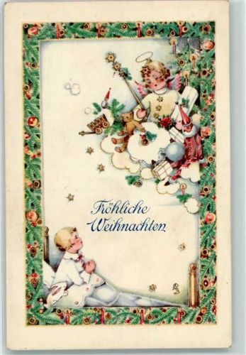 1934 sign Erni Schob-Posch , Weihnachten - Engel mit Spielzeug, Puppe, Teddy AK