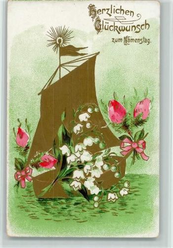 1900 Segelboot mit Maiglöckchen u. Rosen AK