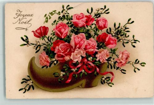 1926 Rosen in einem Holzschuh - Joyeux Noel AK