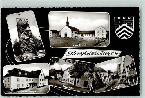 33829 W4807 Borgholzhausen Gebrauchsspuren Rückseite mit Abschürfungen und Kleberesten Luisenturm Kath. Kirche Jugendherberge Freistraße