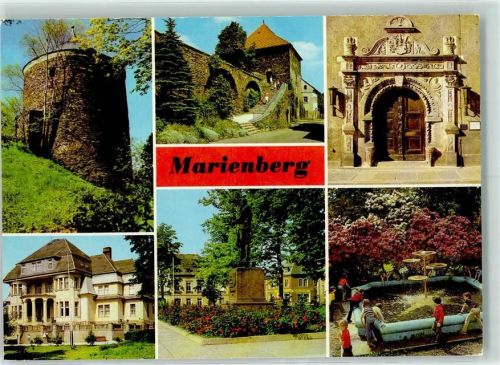 Marienberg Roter Turm Heimatmuseum im Zschopauer Tor Renaissanceportal des Rathauses Pionierhaus Philipp Müller Denkmal des Stadtgründers Im Park des Pionierhauses Rückseite mit Abschürfungen bzw Kleberesten