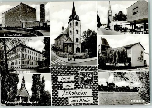 Flörsheim Rückseite mit Abschürfungen und Kleberesten St. Josefskirche Landfrauenschule Kriegergedächtnis-Kapelle St. Gallus Erzbergerstraße Schule Mainpartie