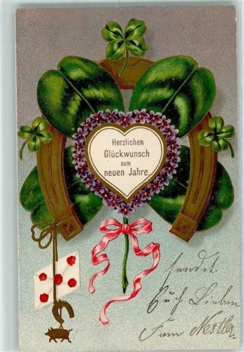 1907 Schöne AK Neujahr Veilchenherz Glücksbringer Glücksklee