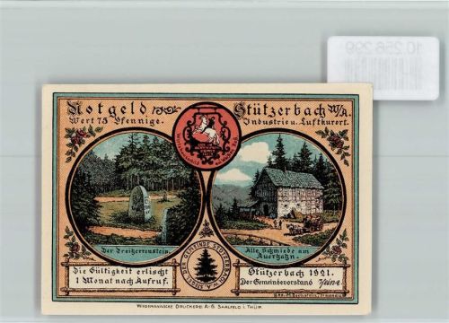 Stützerbach Notgeld Stützbacher Runkelrüben-Vogel-Kompanie Vogelkönig Wappen Dreizertenstein Schmiede