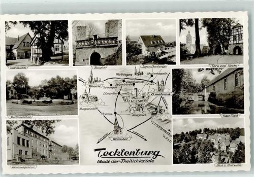 Tecklenburg Marktlinde Burgtor Jugendherberge Tor Evangel. Kirche Haus Mark Blick zum Wierturm Freilichtbühne Genesungsheim Rückseite mit Abschürfungen bzw Kleberesten