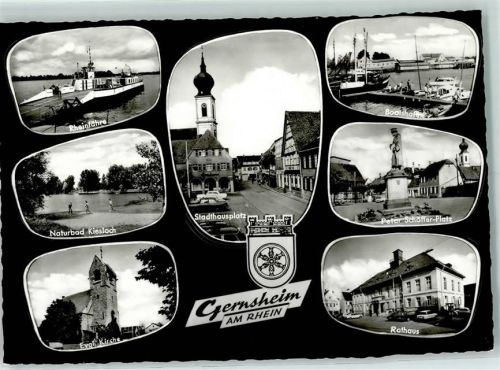 64579 W6084 Gernsheim , Rhein - Rheinfähre Naturbad Kiesloch Evangel Kirche Stadthausplatz Bootshafen Peter Schöffer-Platz Rathaus Rückseite mit Abschürfungen bzw Kleberesten