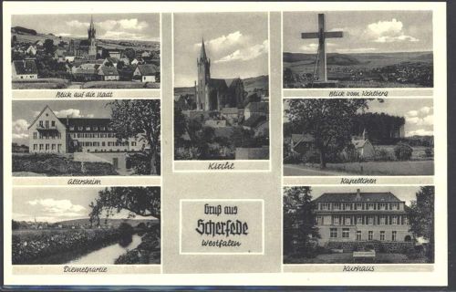 Scherfede Blick auf die Stadt Altersheim Diemelpartie Kirche Blick vom Kehlberg Kanellchen Kurhaus Rückseite mit Abschürfungen bzw Kleberesten