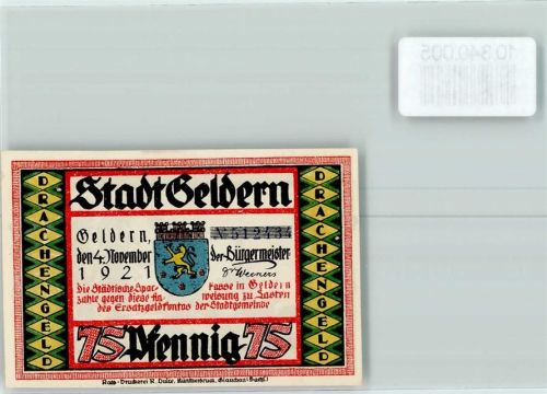 47608 W4170 Geldern Notgeldschein 75 Pfennig Notgeld Wappen Drachengeld