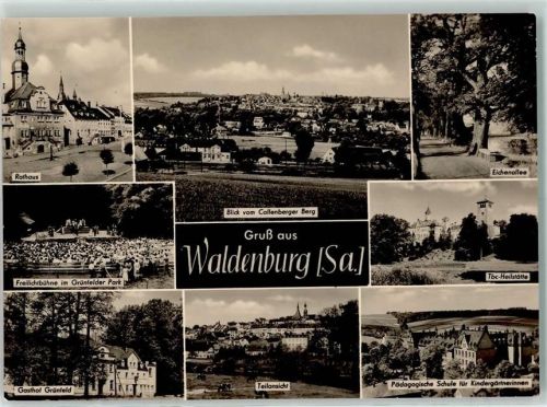 Waldenburg Rückseite mit Abschürfungen bzw Kleberesten Rathaus Freilichtbühne Gasthaus Grünfeld