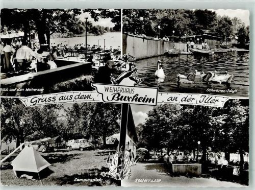 87740 W8941 Buxheim b Memmingen - Weiherhaus Blick auf den Weihersee Schwanen-Idyll Campingplatz Seeterrasse
