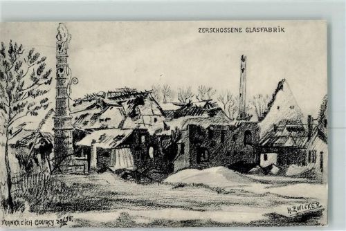 Courcy 1915 sign. H. Zwicker zerschossene Fabrik Feldpost WK I