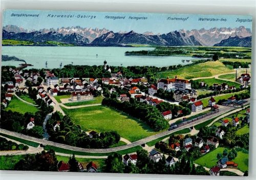 Tutzing Starnberger See Dampfschiff Segelboot Eisenbahn Bahnhof Schloss Benediktenwand Karwendel-Gebirge Herzogstand Heimgarten Krottenkopf Wetterstein-Gebirge Zugspitze