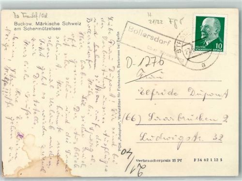 Bollersdorf Landpoststempel über Strausberg Buckow Märkische Schweiz am Schermützelsee