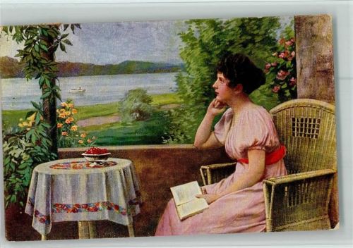 Frau sitzt auf der Terrasse mit Rattan Möbel, Deutsche Meister Nr. 6171 gute Erhaltung