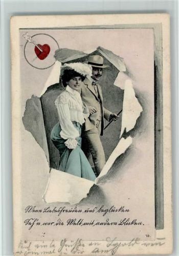 1906 Schablonentechnik - Liebespaar schaut durch die aufgerissene Karte
