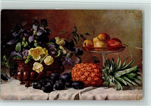 Stilleben - Ananas, Früchte, Blumentopf AK Billing, M.