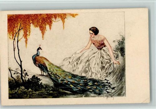 Italien Gravur 1962 - Frau mit einem Pfau , Eckknick